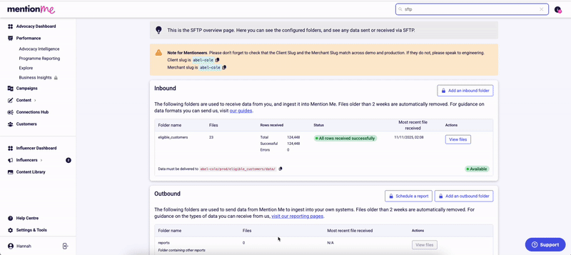 SFTP configuration and data section showing username and file paths