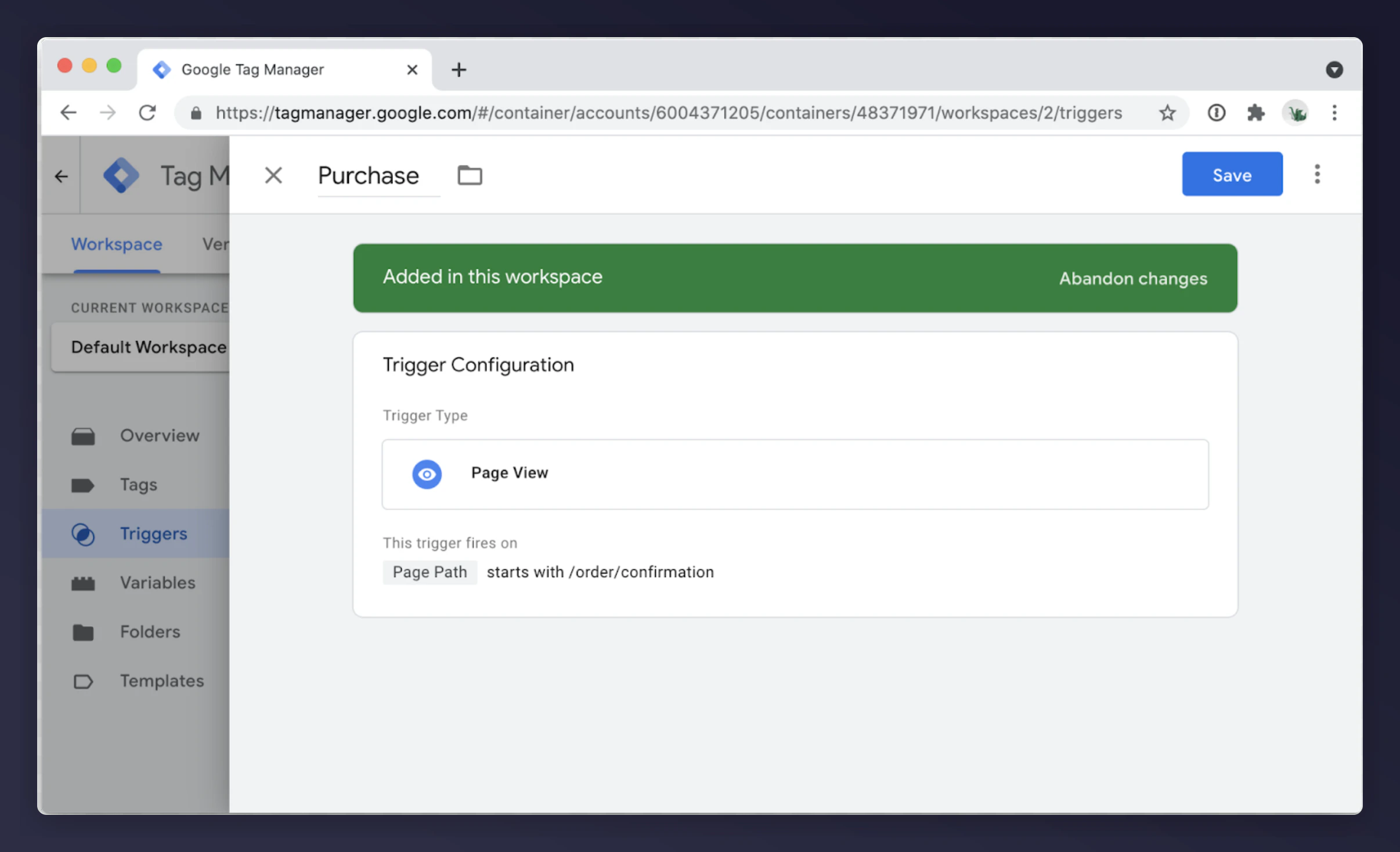 GTM purchase trigger configuration for order confirmation page