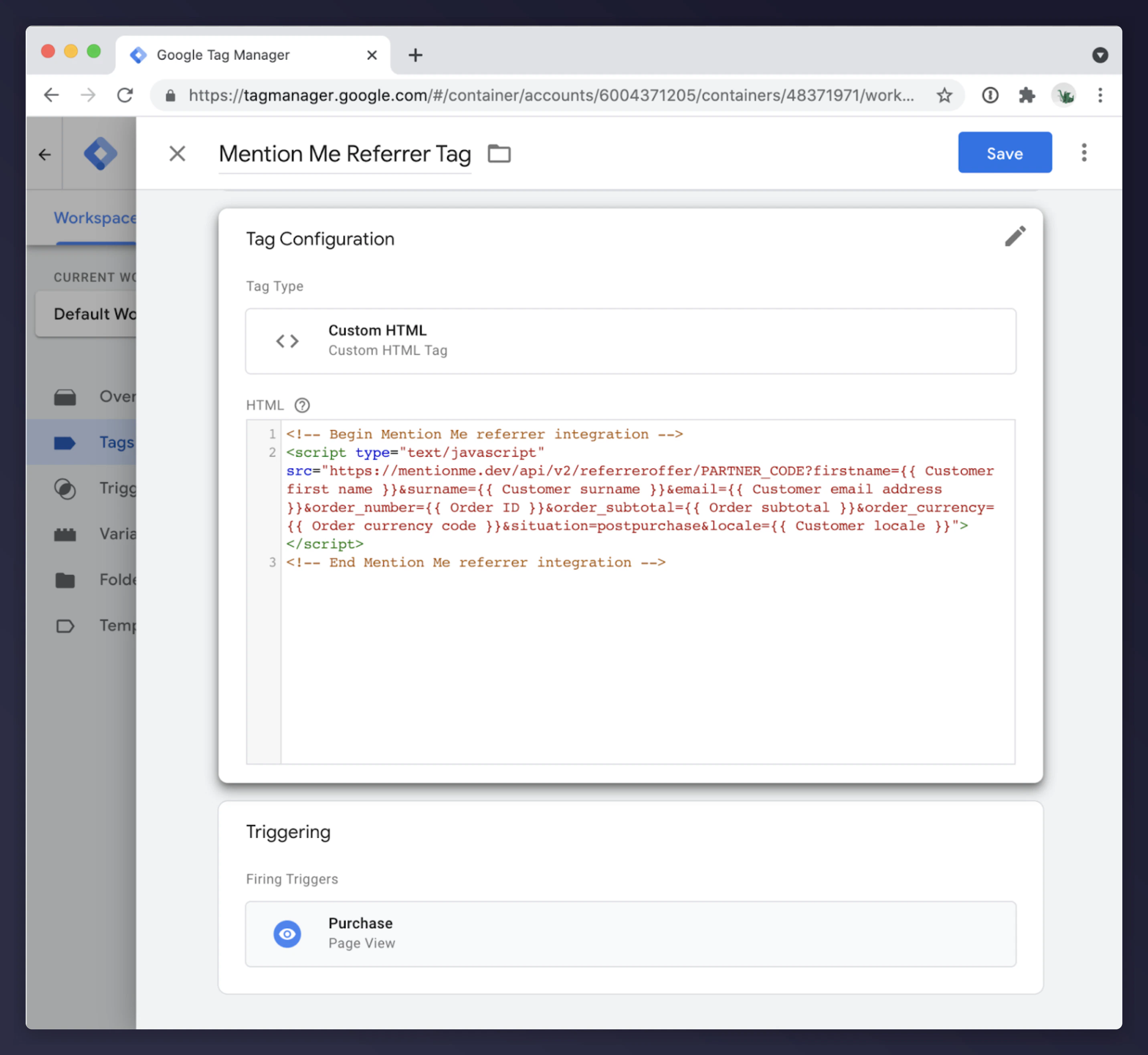 GTM Custom HTML tag with Mention Me referrer script