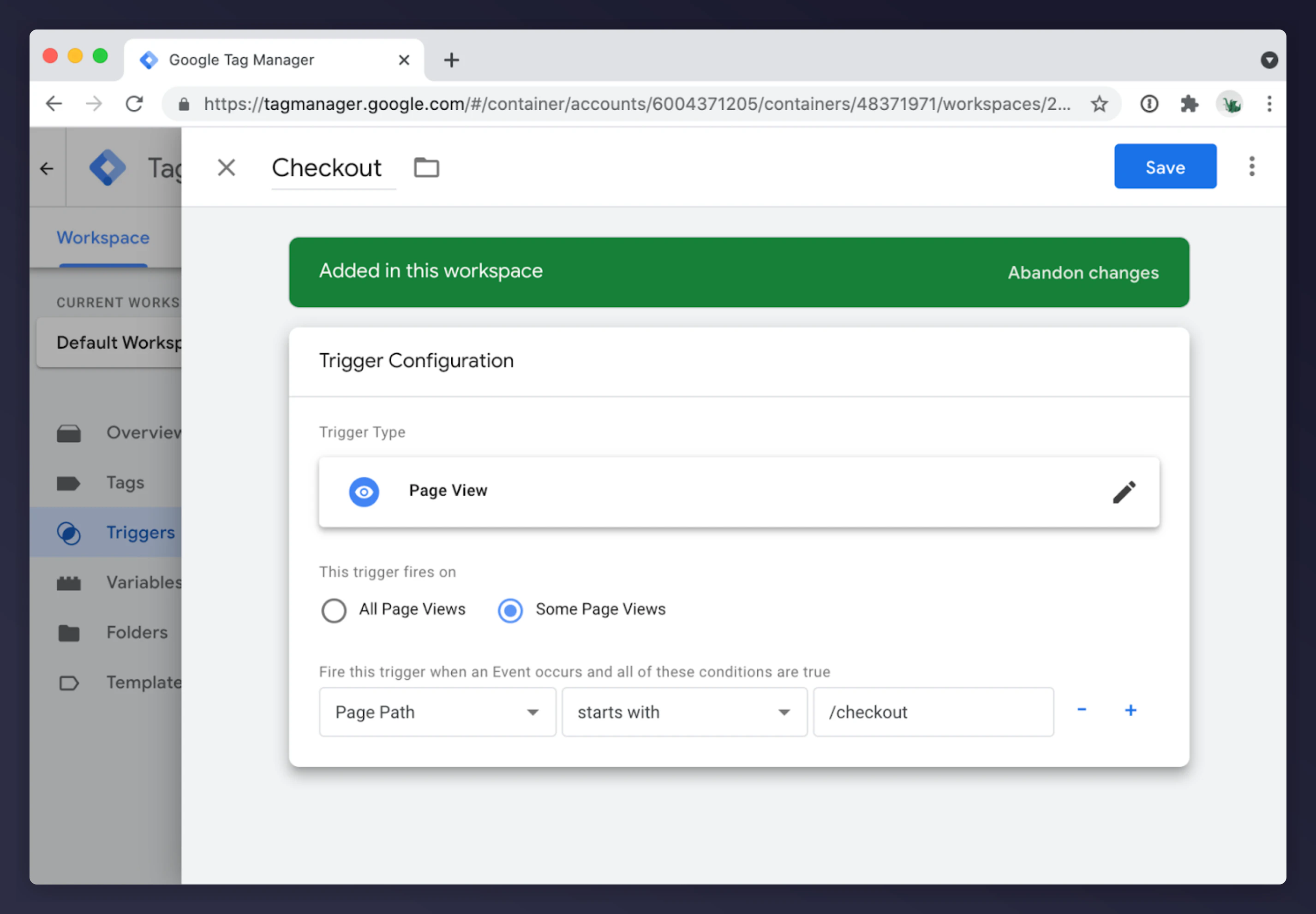 GTM page view trigger for checkout page