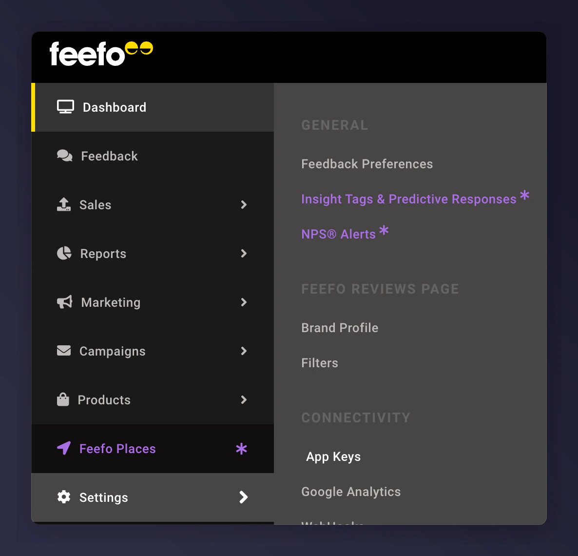 Feefo Settings menu showing App Keys option