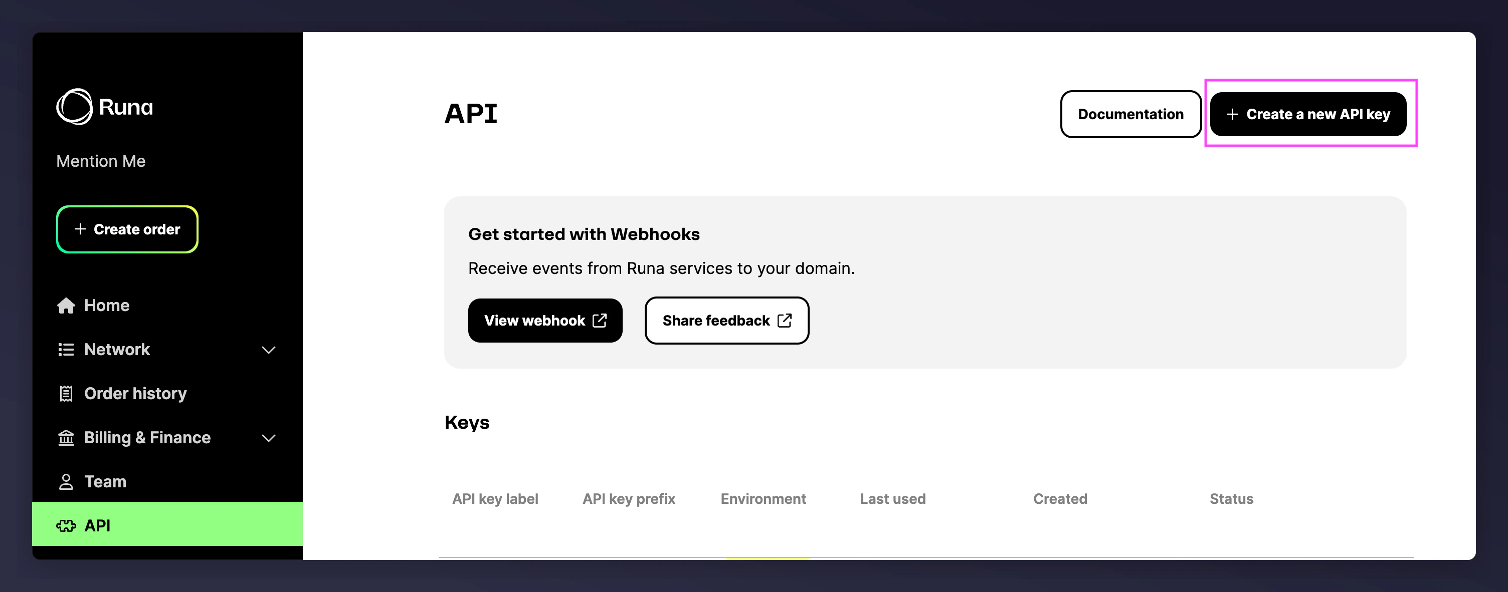 Runa API Key creation page