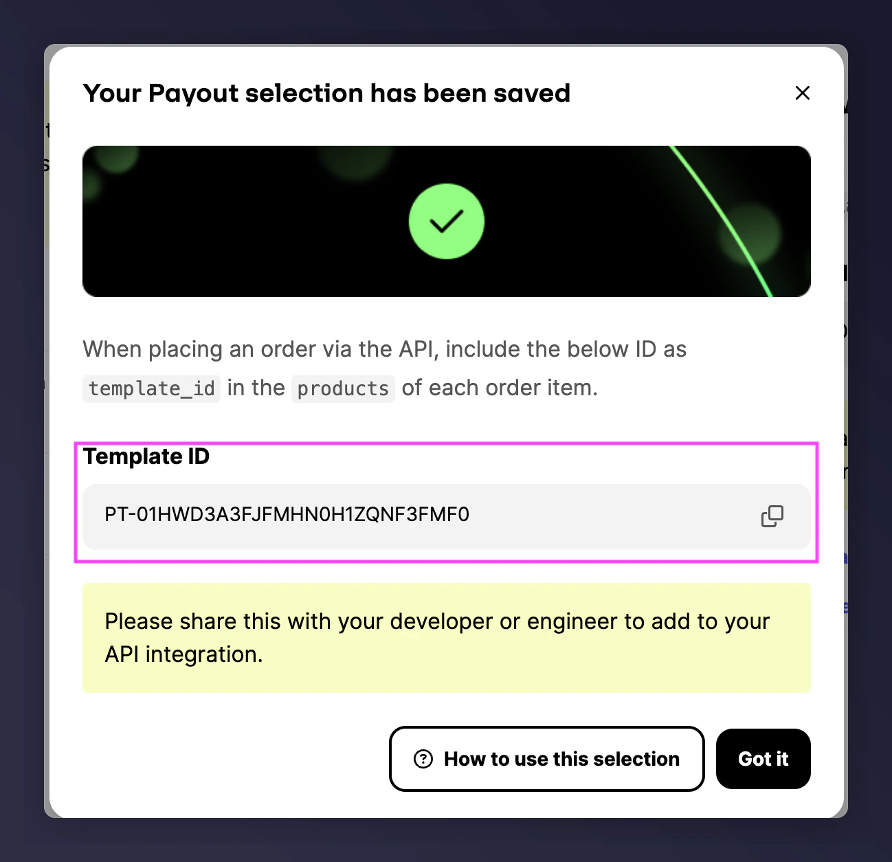 Runa payout template with Template ID