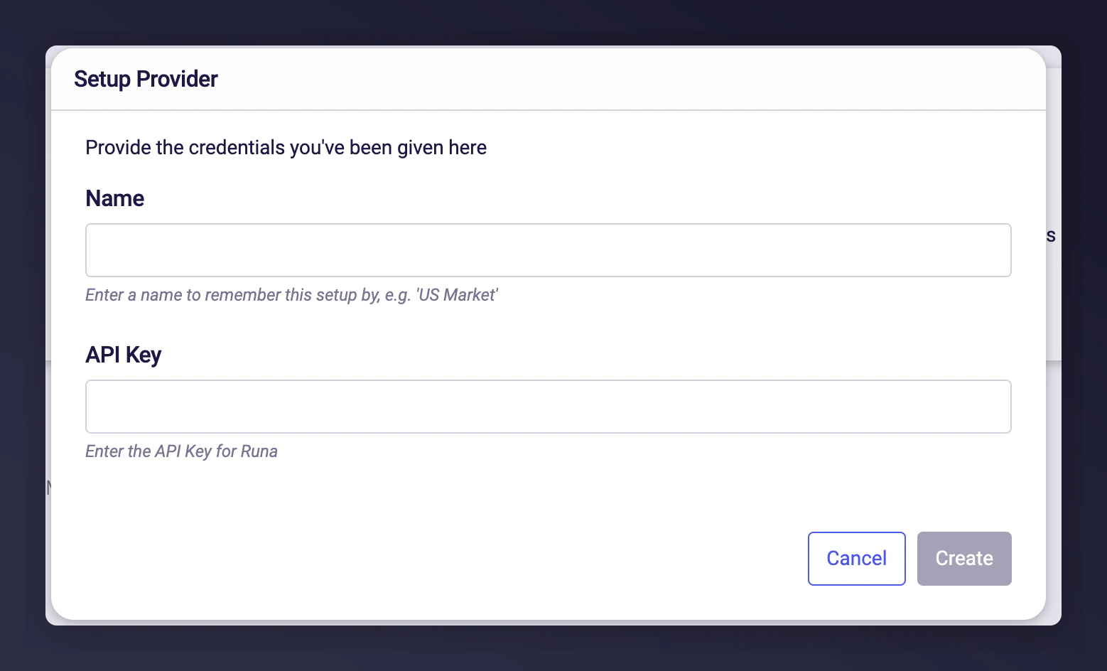 Runa API Key entry form in Mention Me