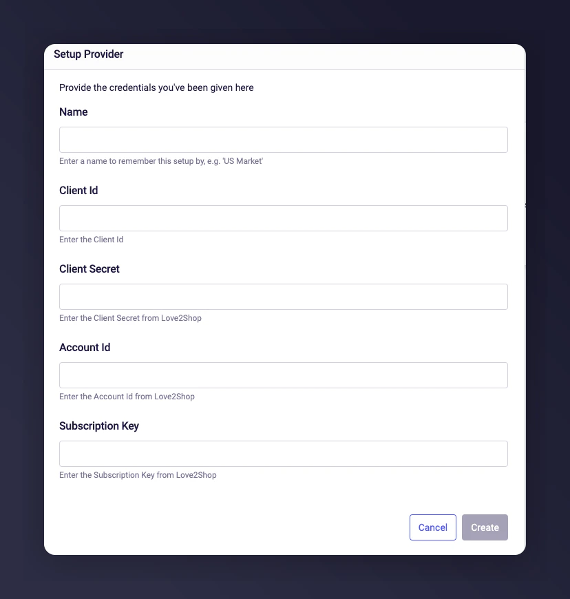 Love2Shop credential entry form in Mention Me