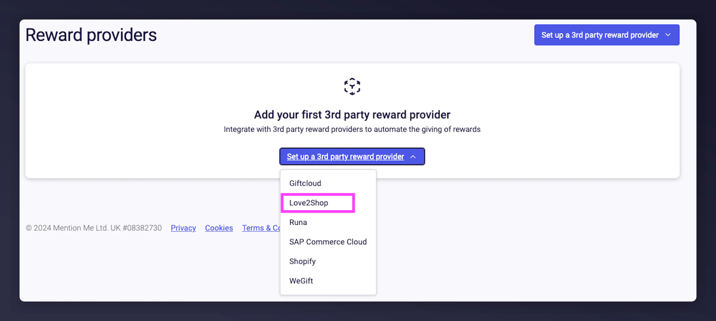 Set-up new 3rd Party Provider dialog with Love2Shop selected