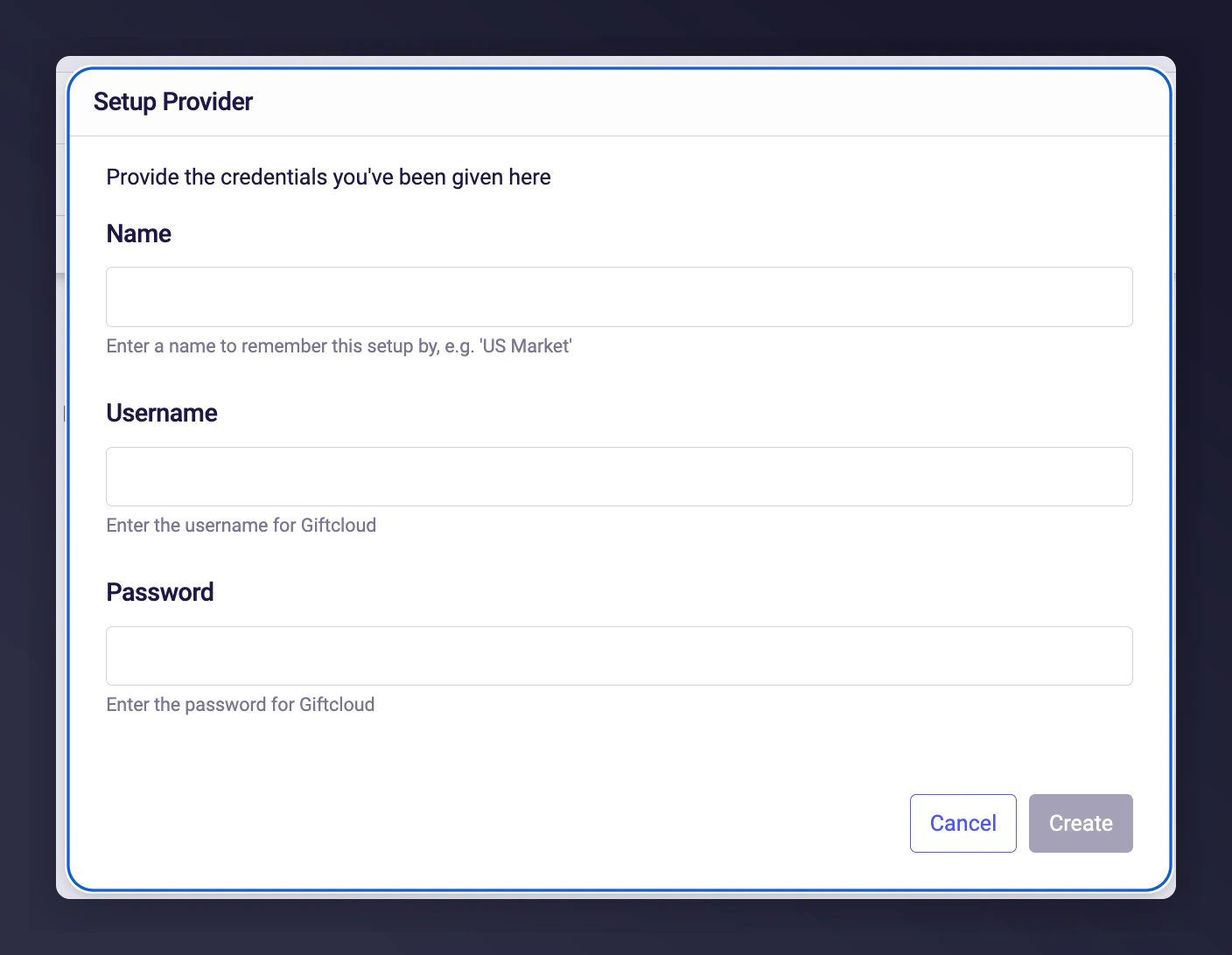 Giftcloud credential entry form in Mention Me