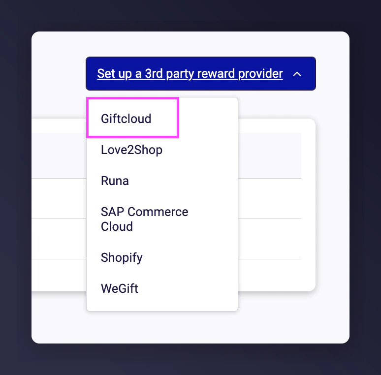Set-up new 3rd Party Provider dialog with Giftcloud selected