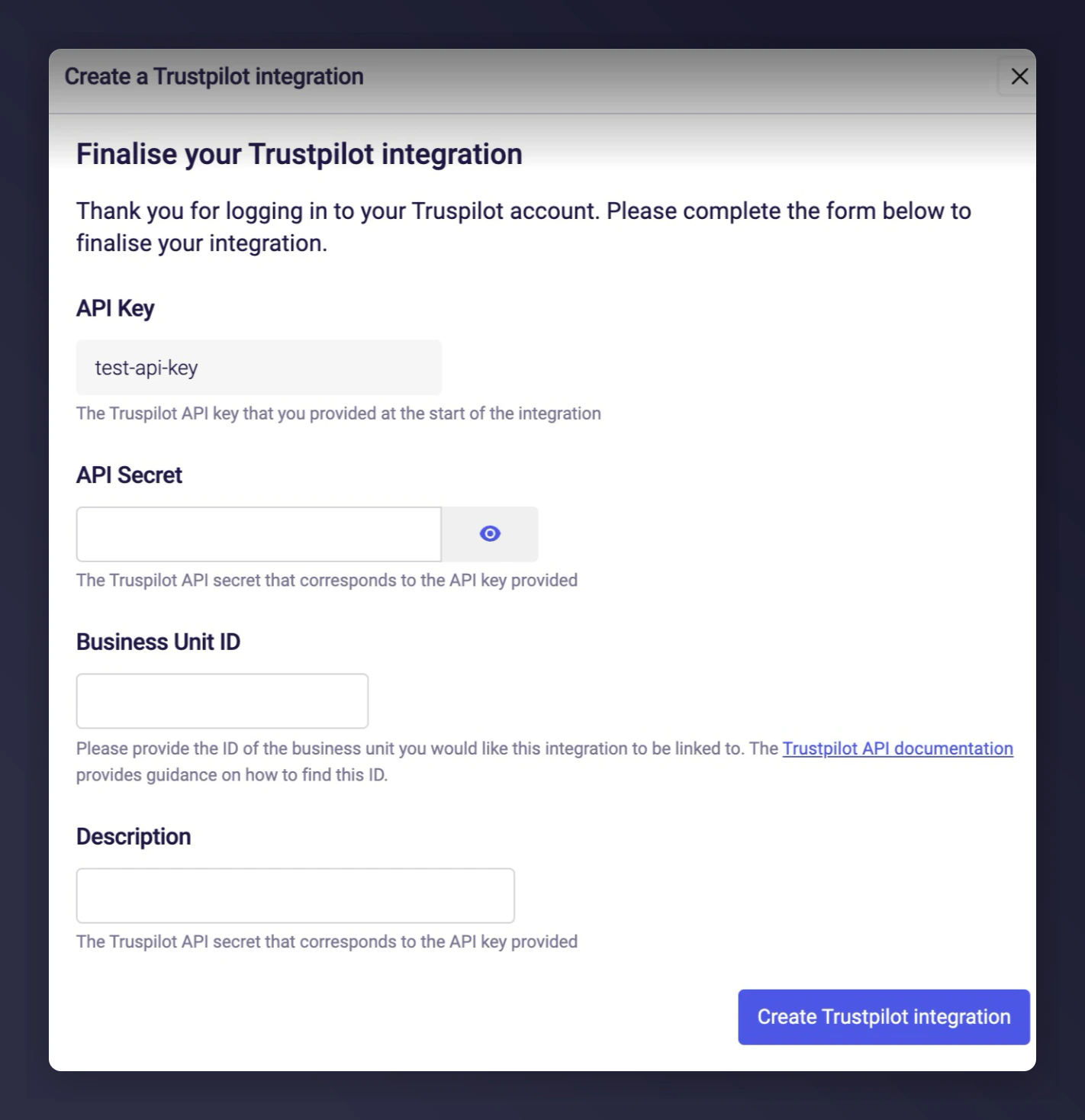 Entering API Secret, Business Unit ID and description in Mention Me