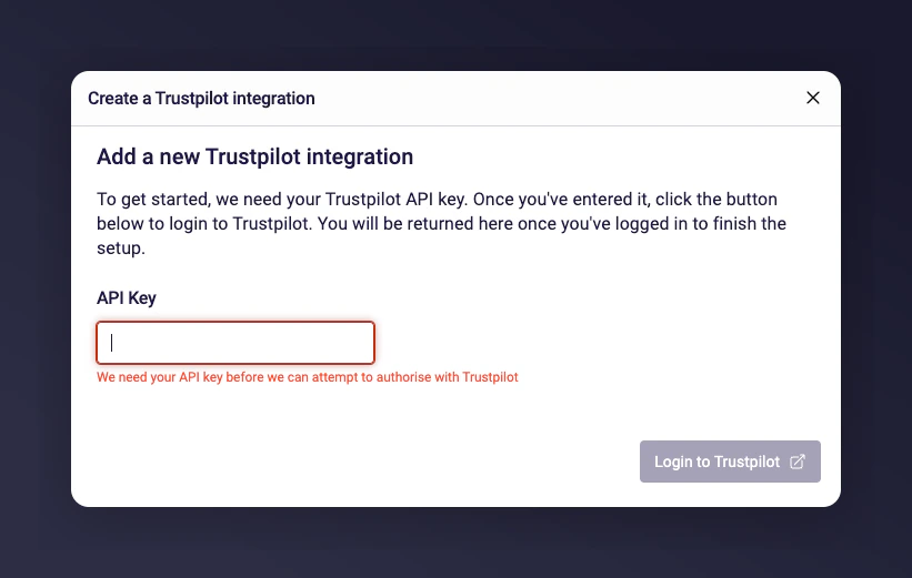 Entering Trustpilot API Key and Login to Trustpilot button