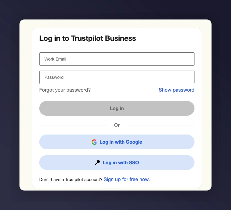Trustpilot authentication login screen