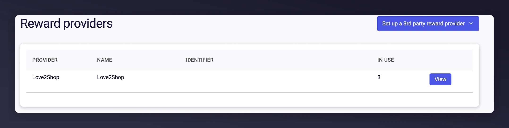 Love2Shop Reward Provider view button on Mention Me platform