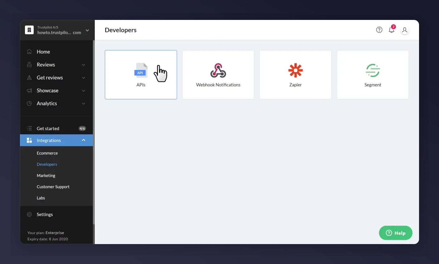 Trustpilot Integrations page showing Developers and APIs