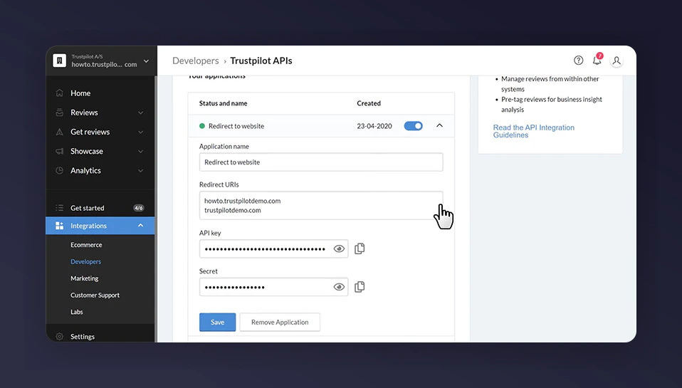 Trustpilot API key and Secret credentials