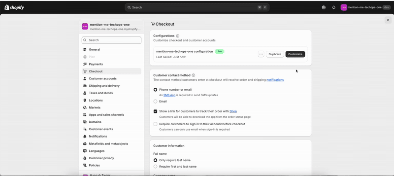 Shopify checkout extensibility settings with Mention Me blocks