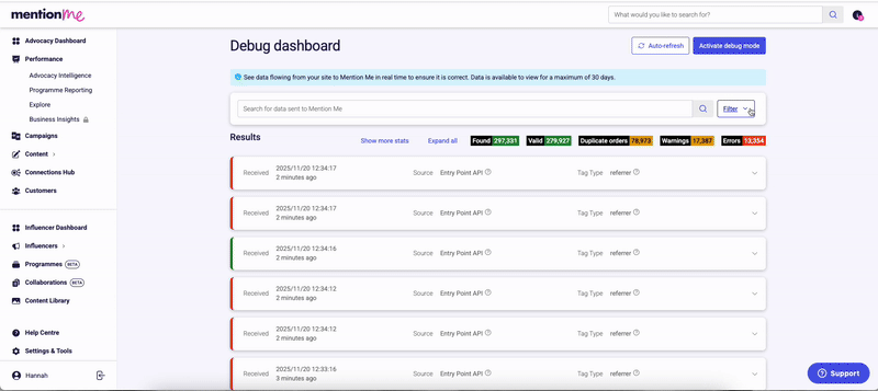 Debug Dashboard filtered by Shopify situations