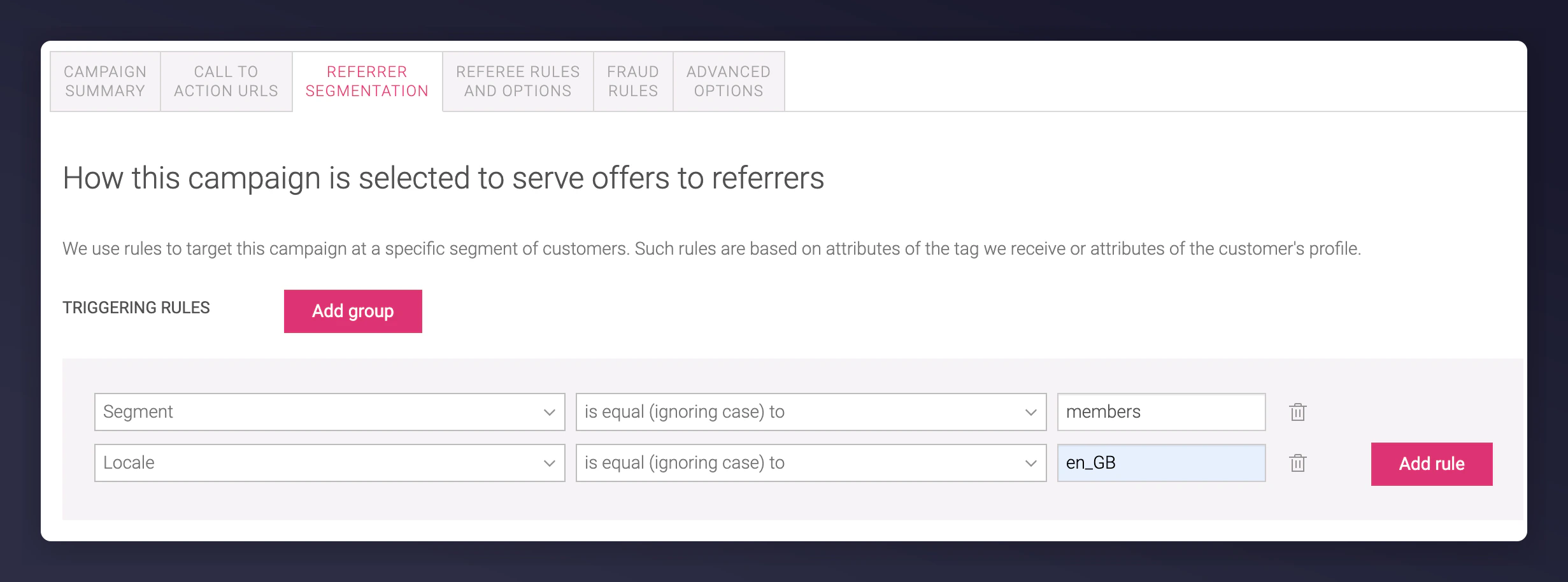 Segment parameter in triggering rules for customer segmentation
