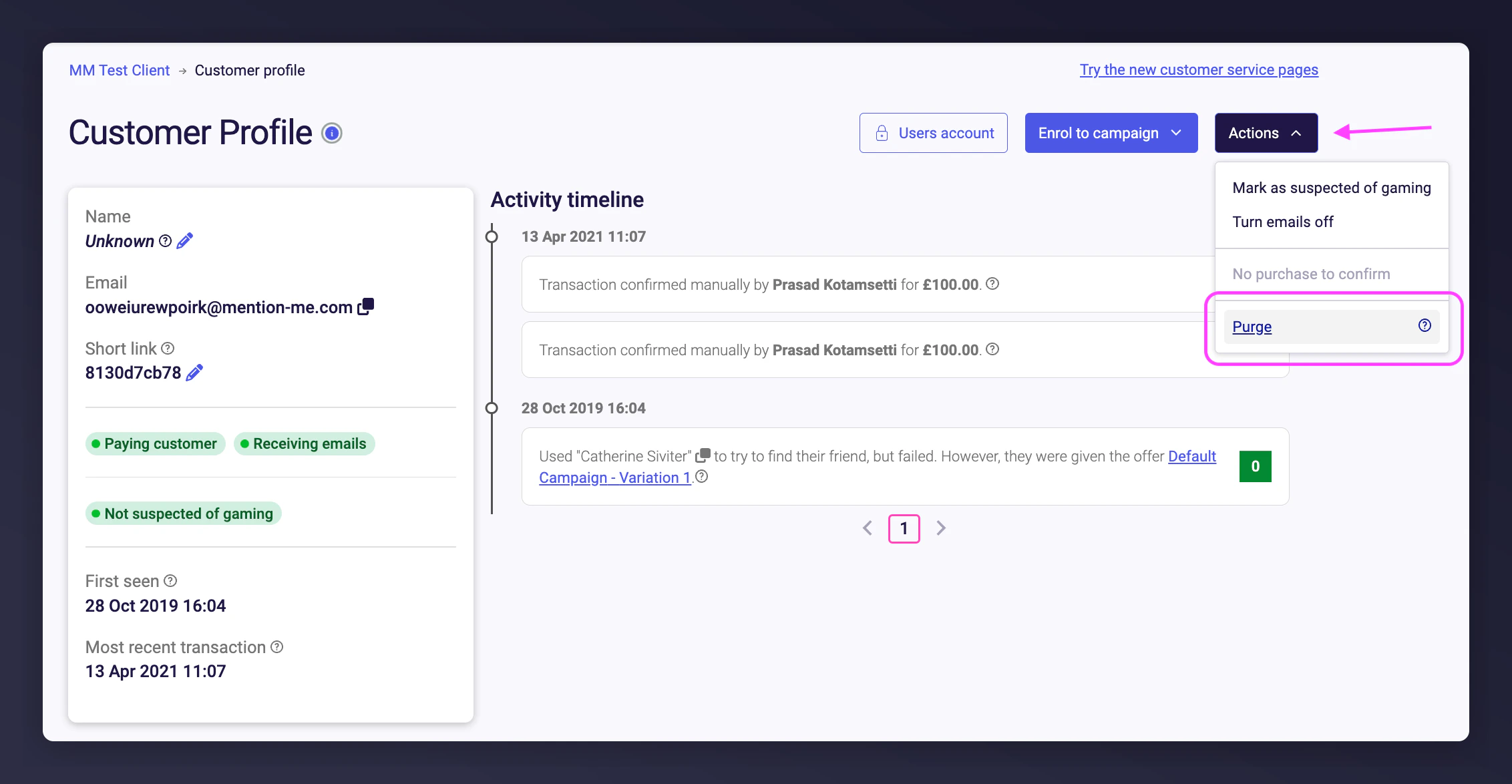 Actions menu with Purge option