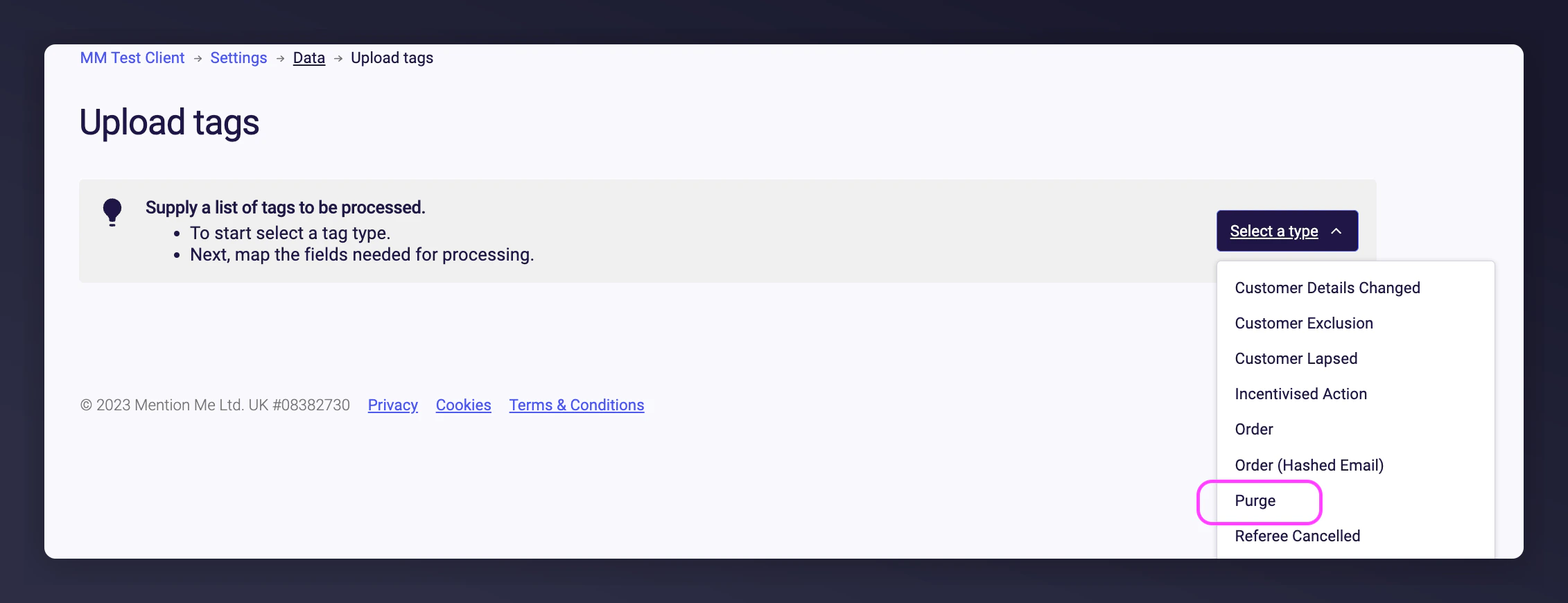Selecting Purge action from the dropdown