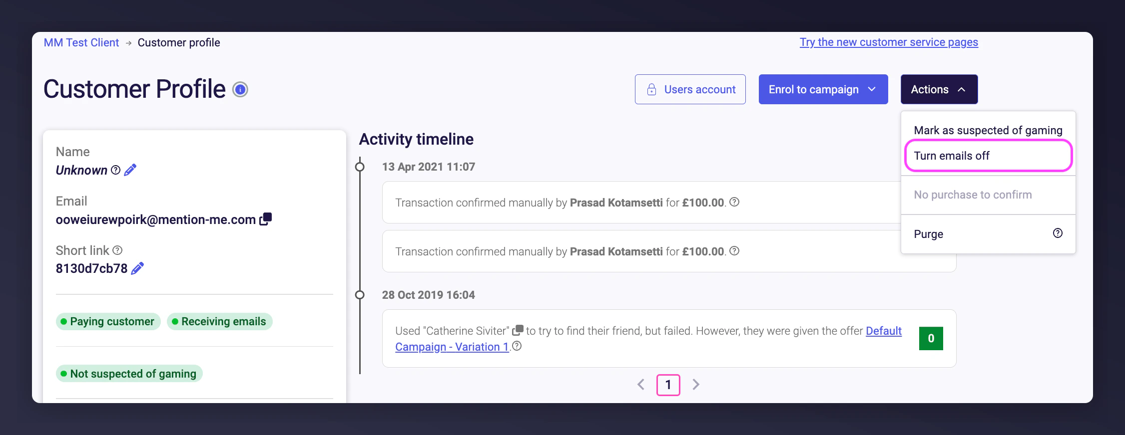 Actions menu with Turn emails off option