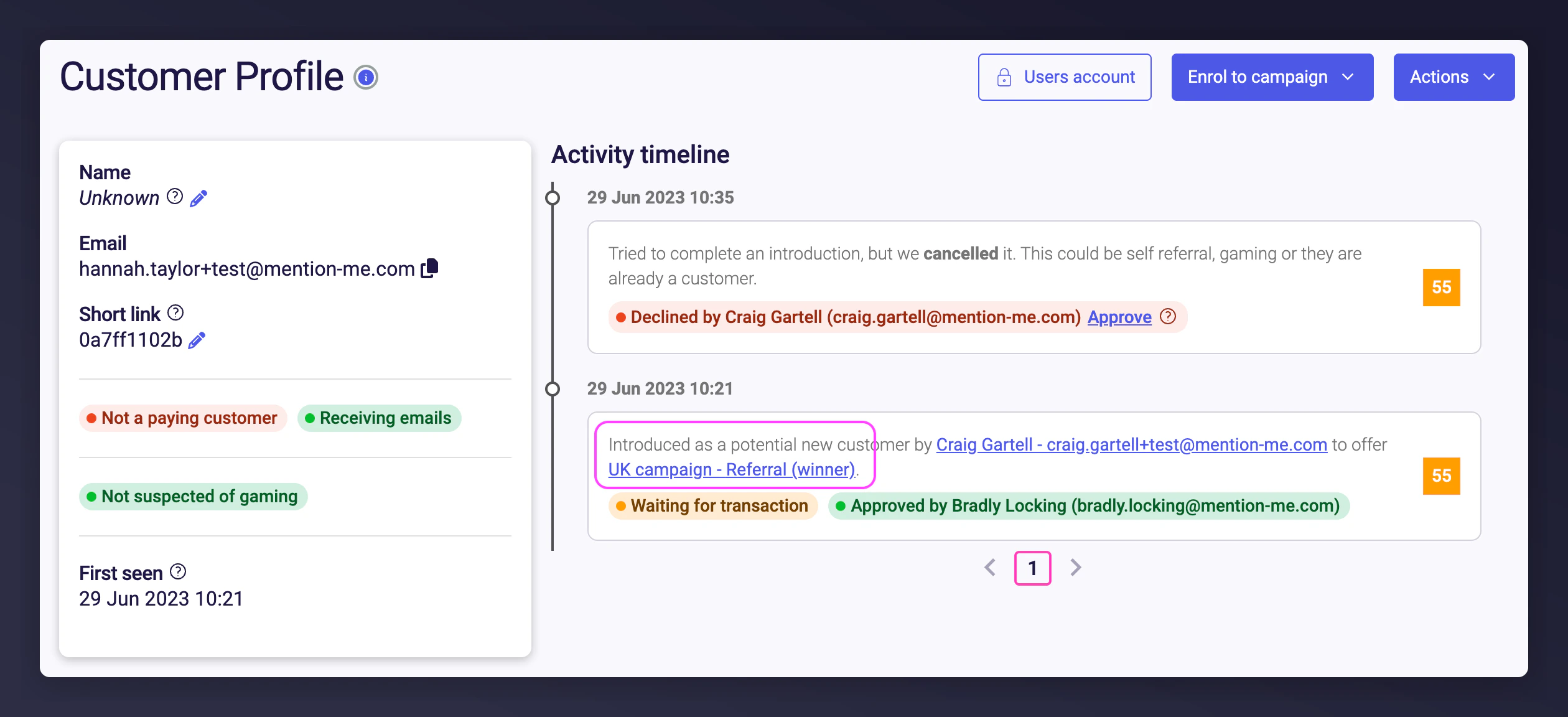 Customer profile with campaign enrolment and activity timeline