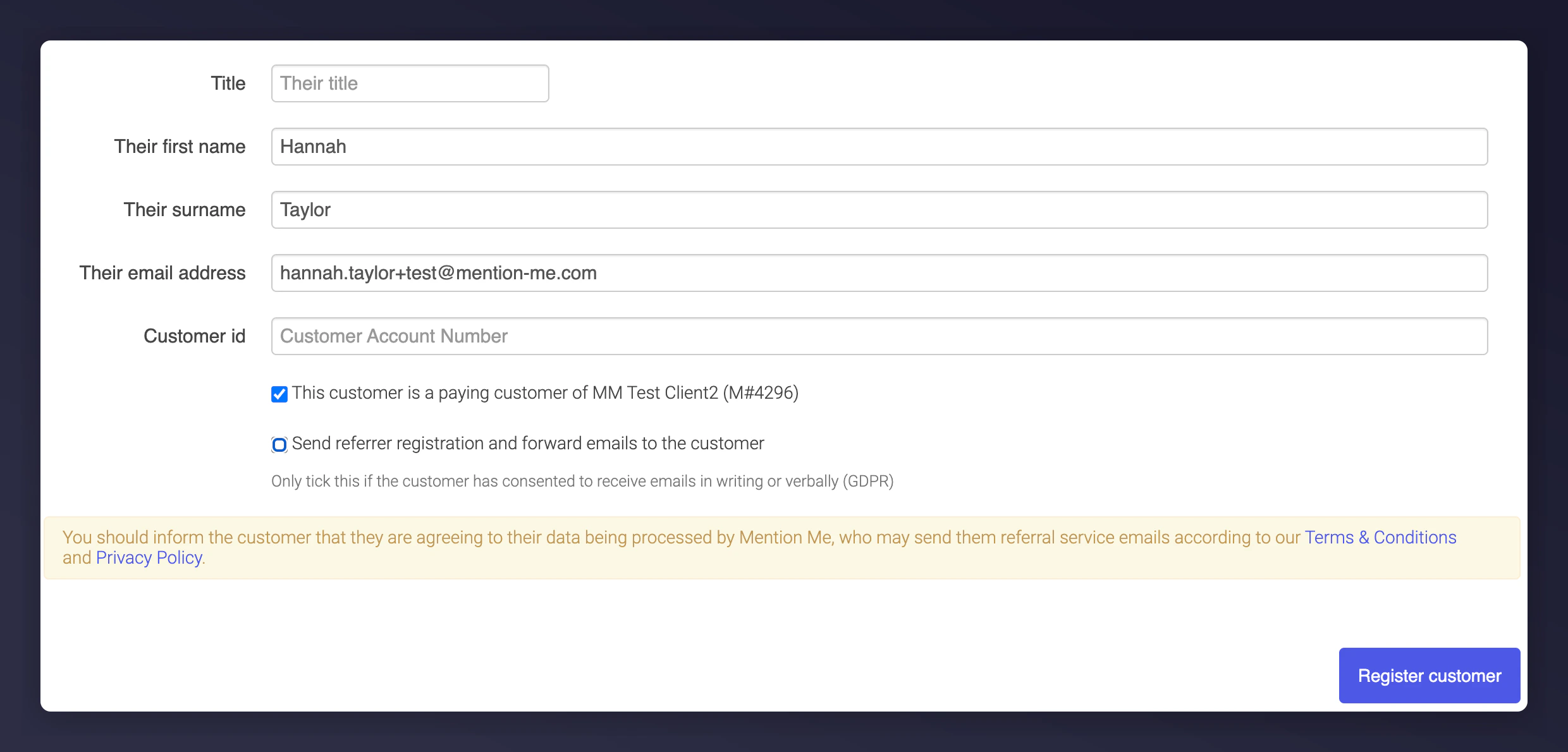 Registration form with paying customer checkbox ticked