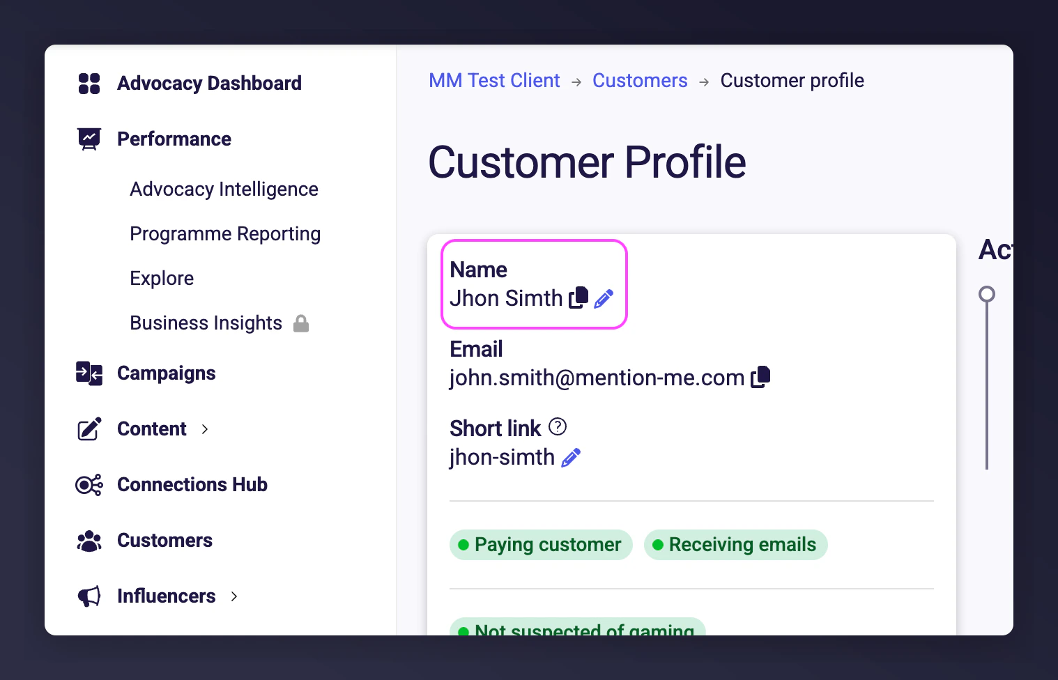 Pencil icon to edit customer first name and surname