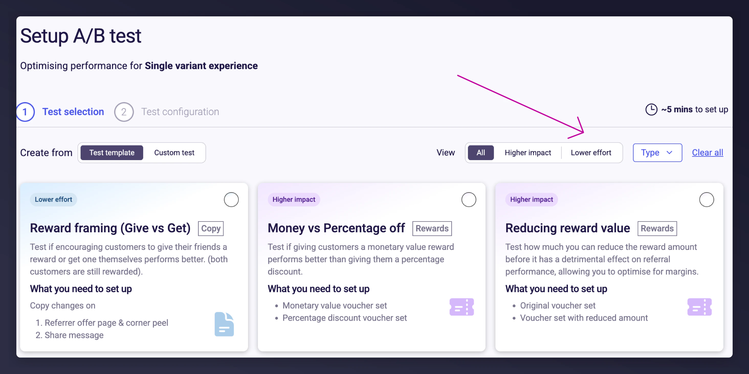A/B test template gallery with impact and effort labels