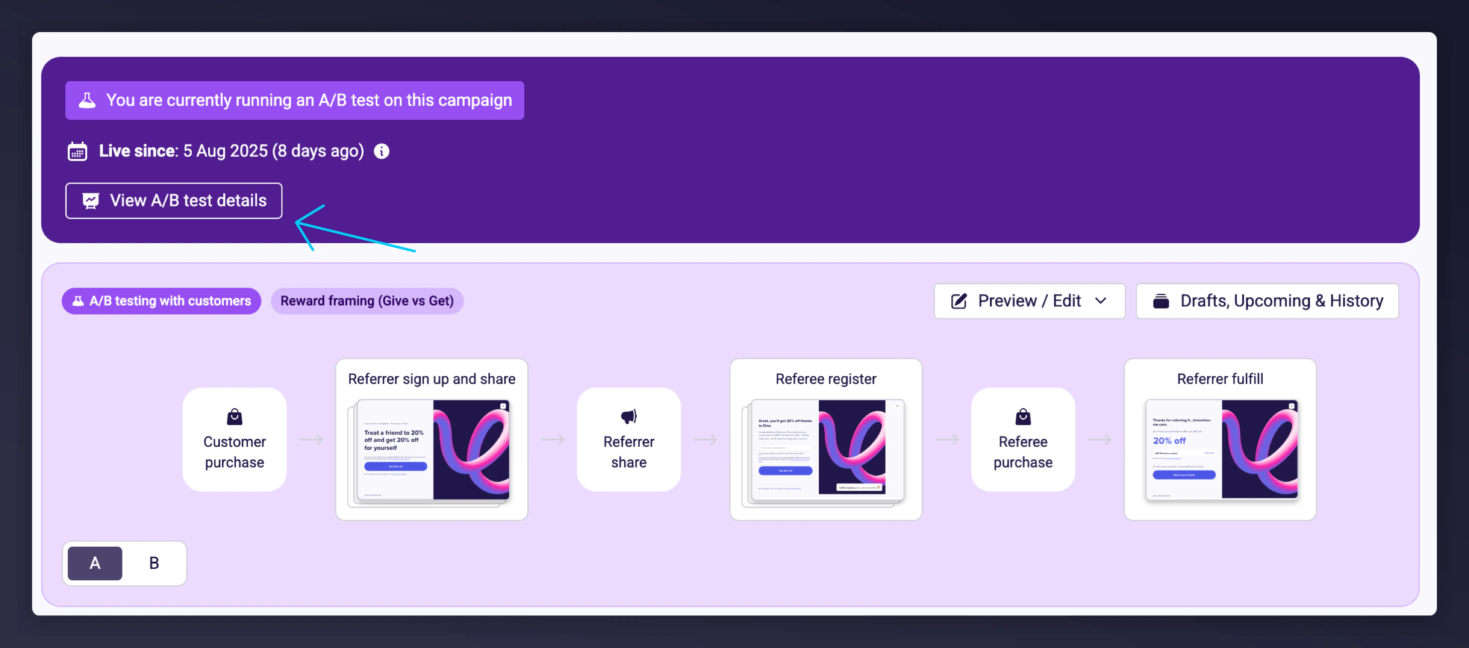 Live test on campaign page with View A/B Test Details