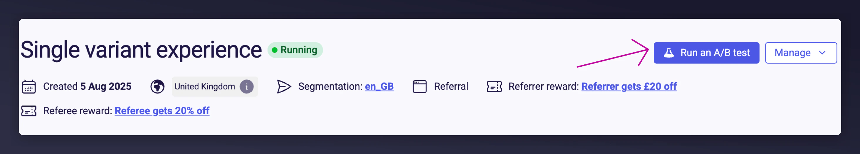 Run an A/B Test button on campaign dashboard