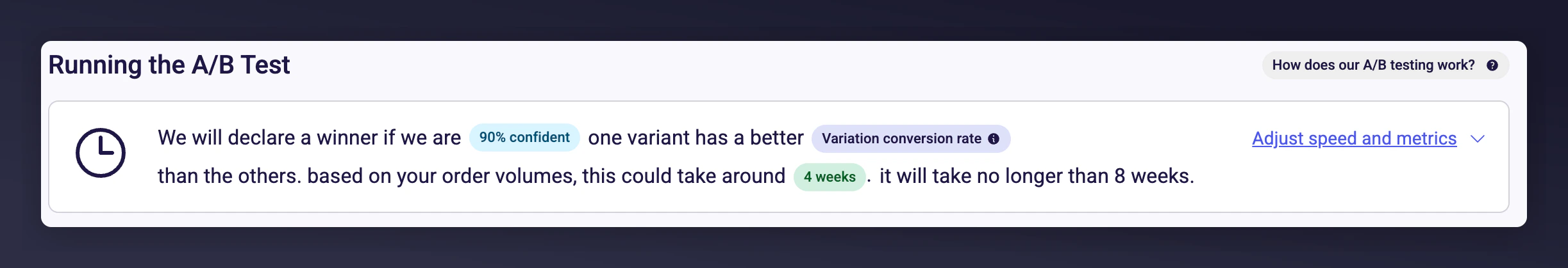 Test parameters with confidence level and estimated duration