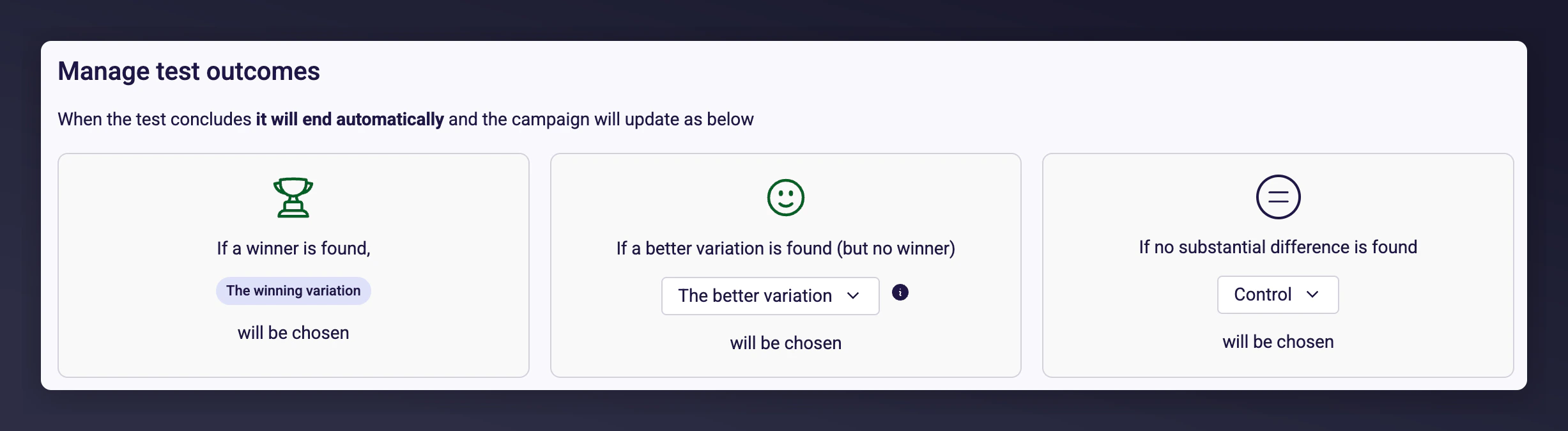 Test outcome settings with auto-conclude options