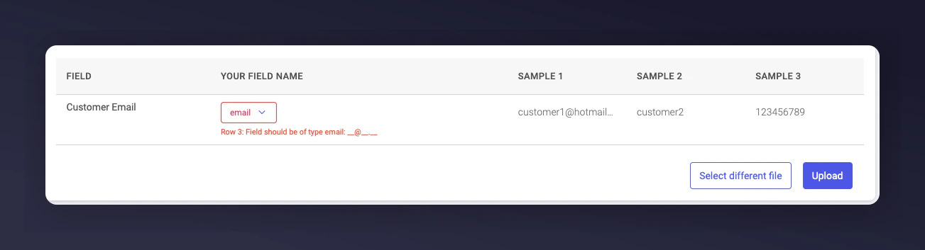 Validation error shown during field mapping