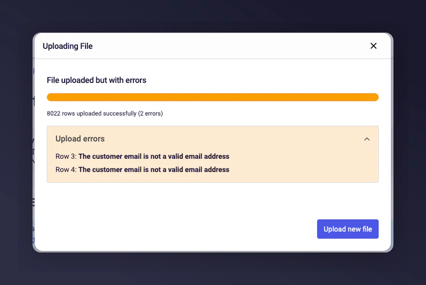 Upload confirmation popup showing processed and failed rows