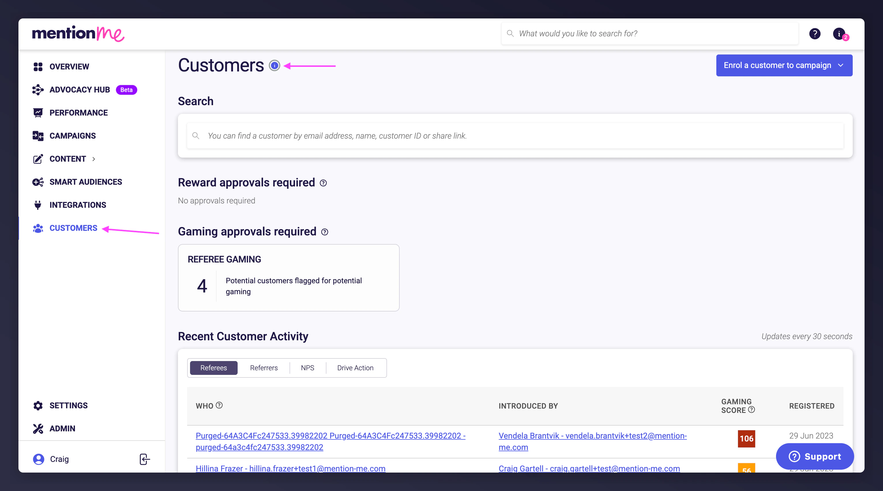 Customers section overview in the Mention Me dashboard