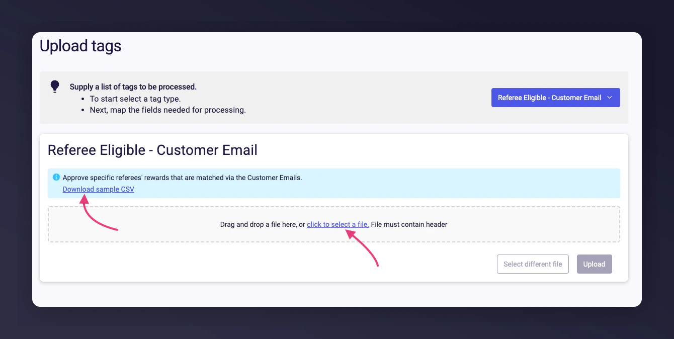 Dropdown to select tag type and download sample CSV