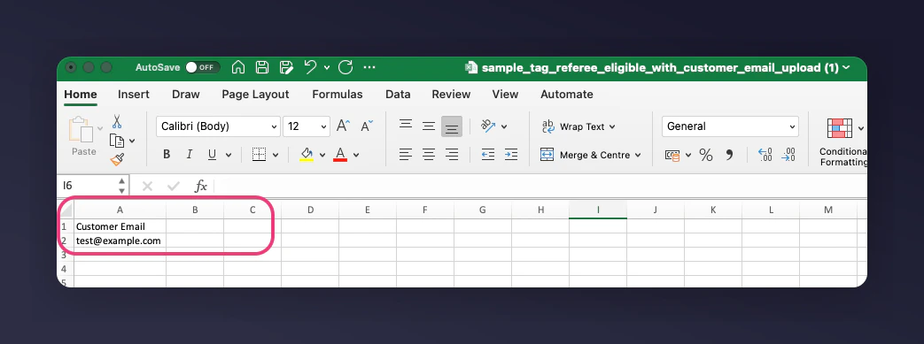 Sample CSV file with required headers and example data