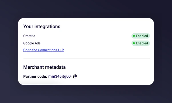 Merchant metadata panel showing the Partner Code