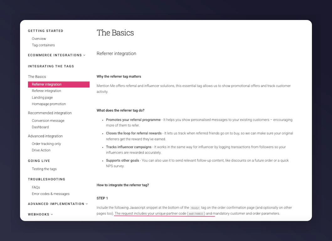 Partner Code shown in integration instructions under Step 1