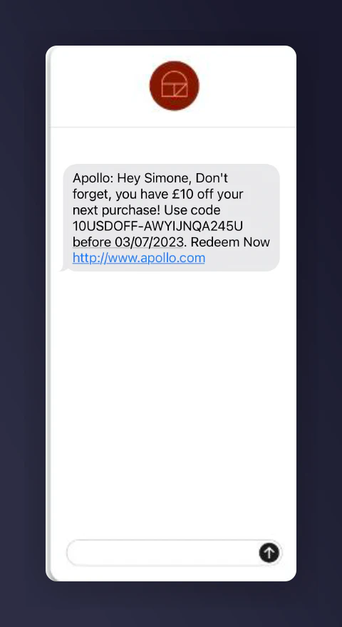 Example coupon reminder SMS message 1