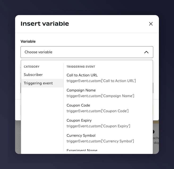 Default coupon reminder message with personalisation variables