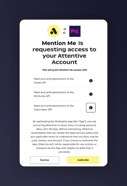 Granting Mention Me access to Attentive account