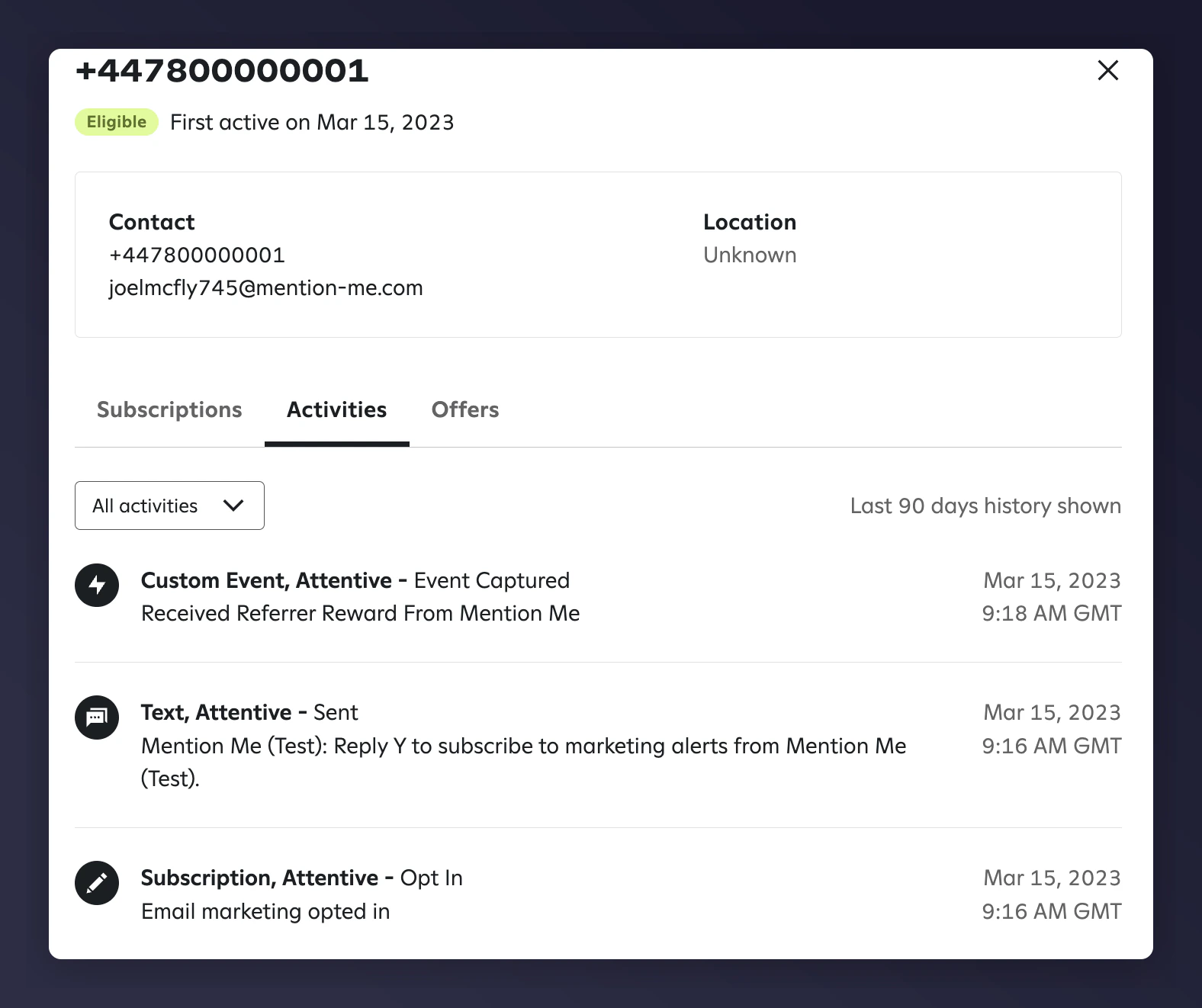 Subscriber event activity in Attentive profile