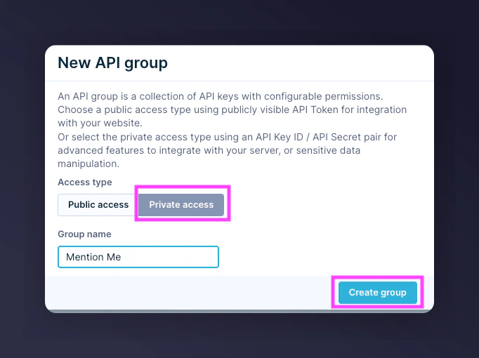 Creating new API group for Mention Me