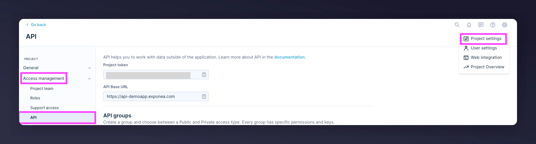Bloomreach API access management navigation