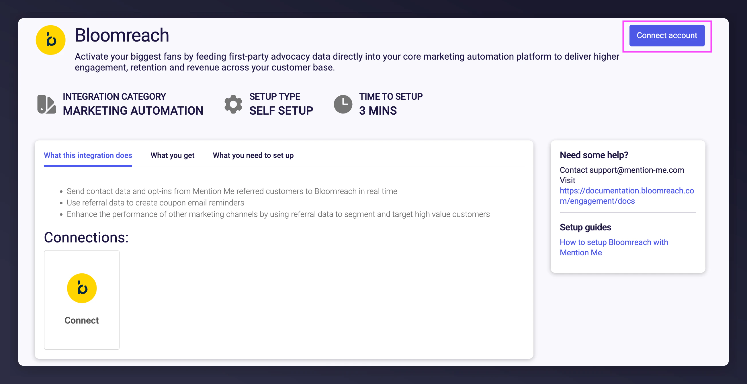Mention Me Bloomreach integration connect page