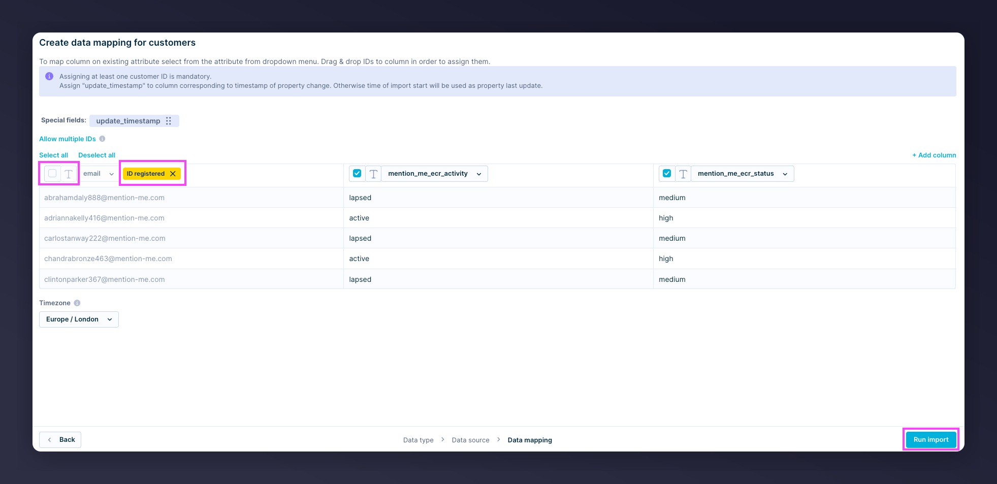 Data mapping with email as hard_id identifier