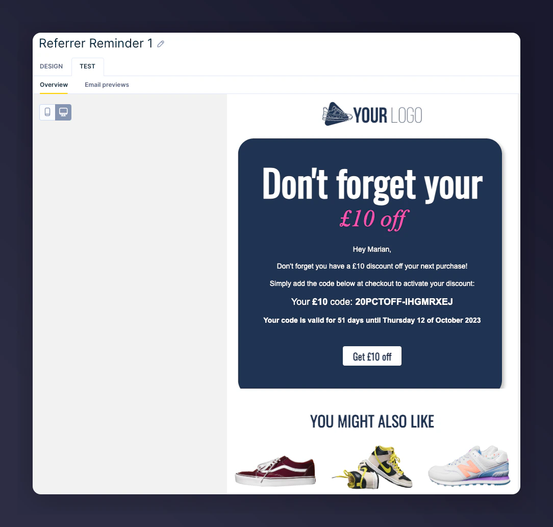 Design Test tab for referrer email preview