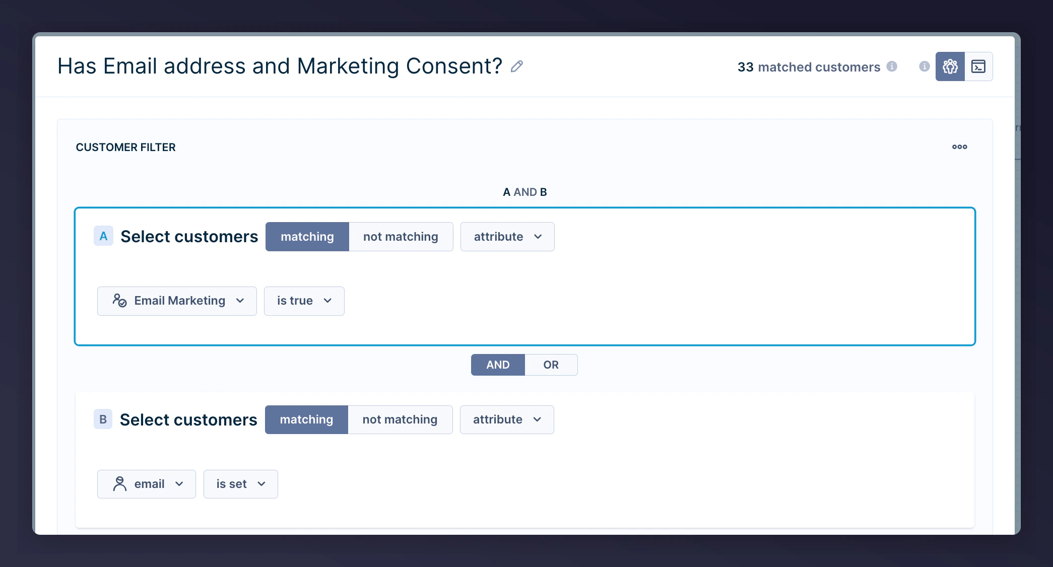 Segmentation filter for contacts with email and consent