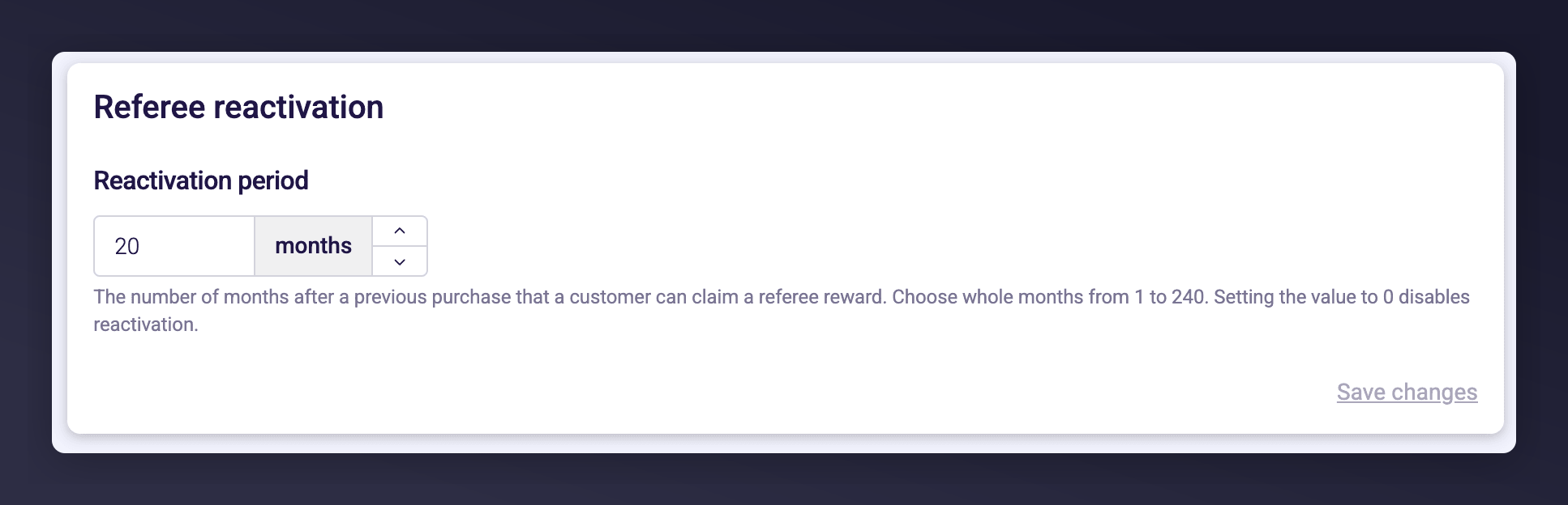 The Referee Reactivation settings page with the reactivation period field set to 20 months